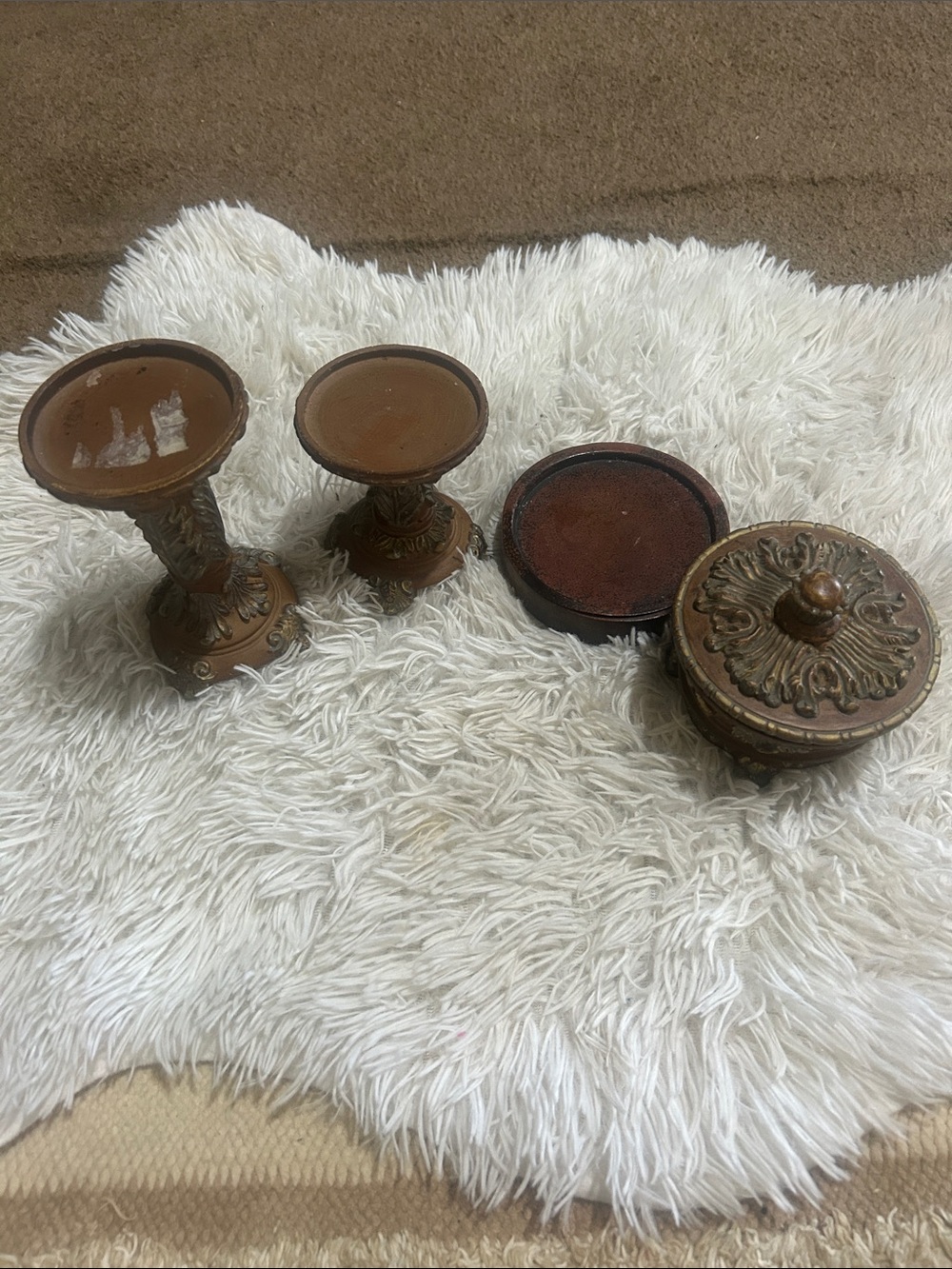 Antique-Style Bronze Decorative Candle Holders and Trinket Box - Brown